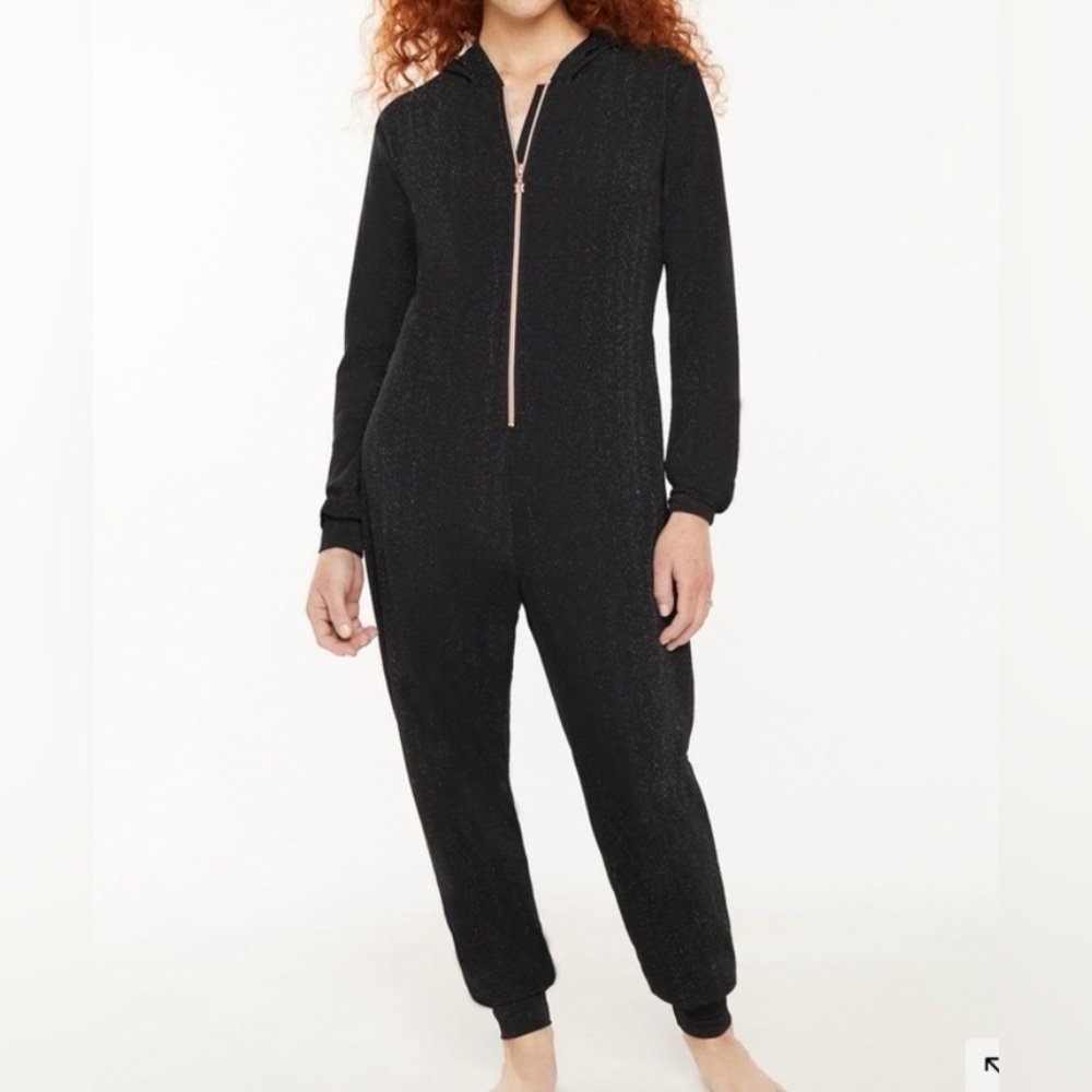 Savage X Fenty Black Shimmer Hooded Zip Front Jumpsuit Medium